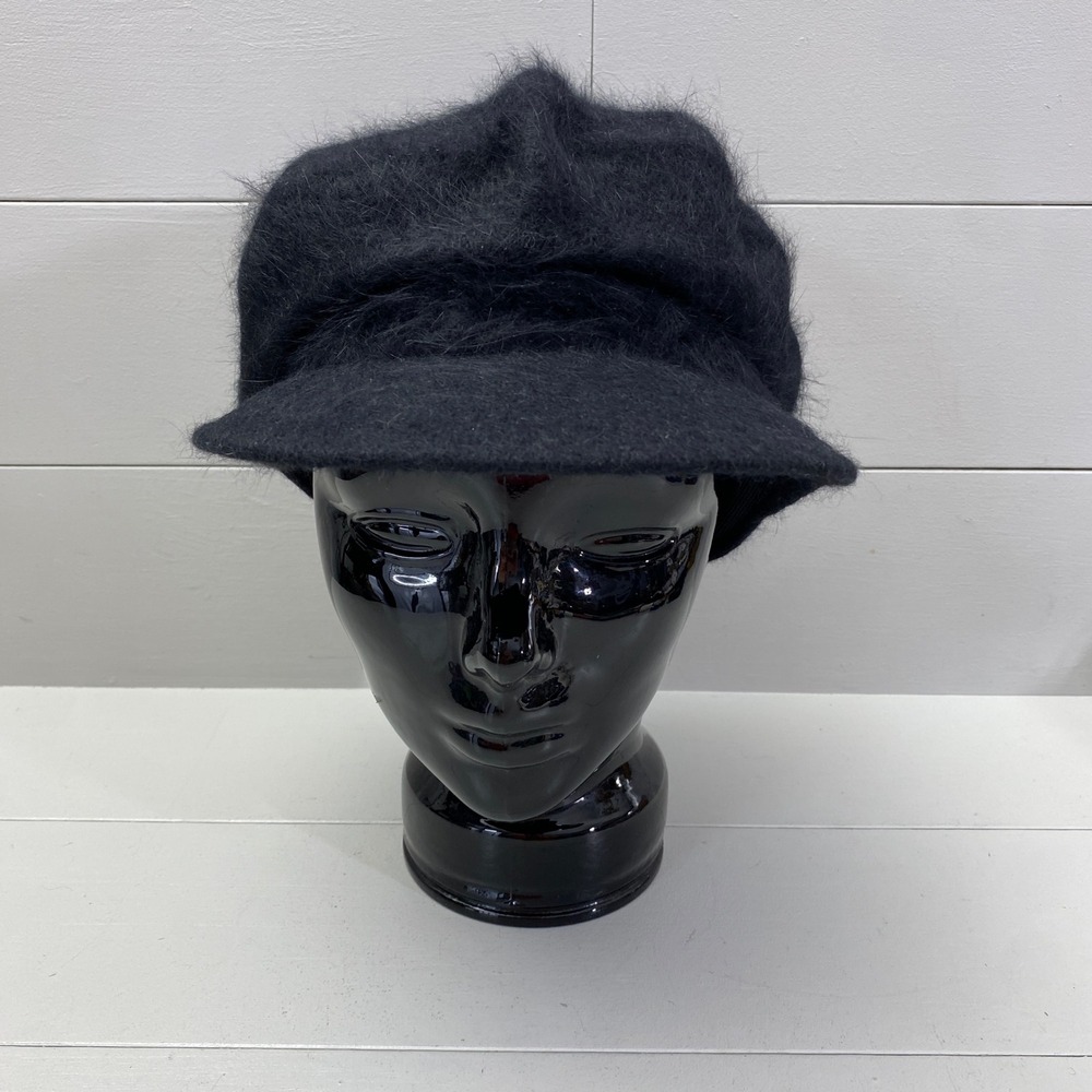Vintage Angora Blend Newsboy Cap Black Fuzzy Baker Boy Hat OS Ladies - Picture 2 of 11